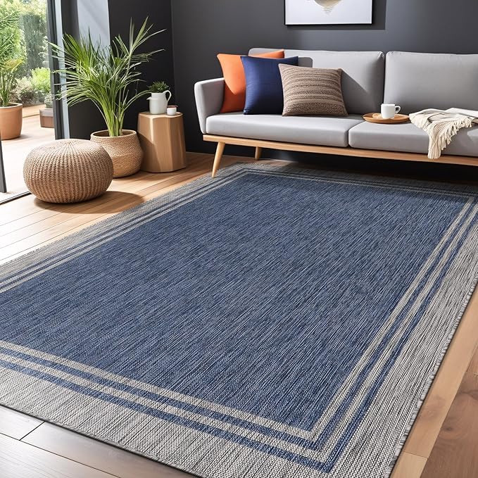 Bordered Outdoor Rug 9x12 Washable Outside Carpet for Indoor Patio Porch Waterproof Easy Cleaning Non Shedding Area Rugs Navy 9 x 12