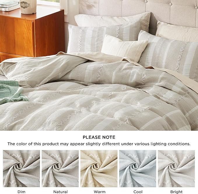 Bedsure Waffle Weave Duvet Cover Queen - 100% Cotton Boho Duvet Cover with 2 Pillowcases - Linen Color Textured Comforter Cover with Zipper Closure (Queen, 90"x90")