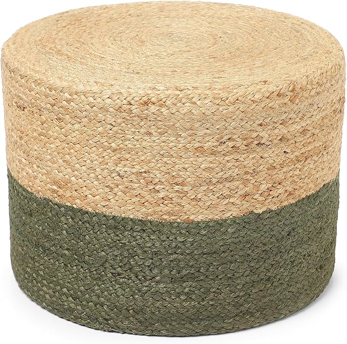 REDEARTH · Cylindrical Pouf Foot Stool Ottoman - Jute Braided Pouffe Poof Accent Sitting Footrest for Living Room, Bedroom, Nursery, Patio, Lounge & Other Rooms (Natural Olive, 18"x18"x14")