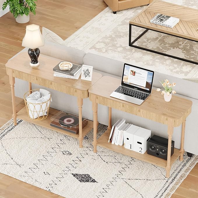43.3”Console Table with 2 Drawers, Modern Retro Entryway Table with Fluted Panel & Storage Shelf, Narrow Wood Behind Couch Sofa Table for Living Room, Foyer, Hallway(Natural)
