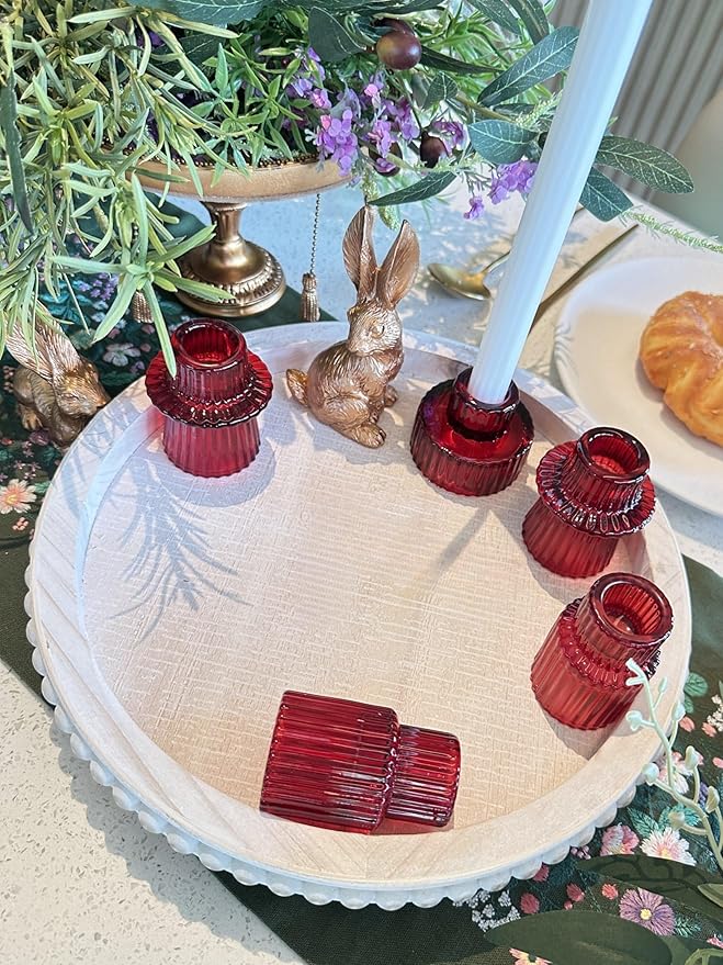 Double Sided Vintage Ribbed Taper Glass Candle Holders,Tea Candle Holder for Table Centerpieces, Wedding Decorations and Dinner Parties (Red, 3 PCS)