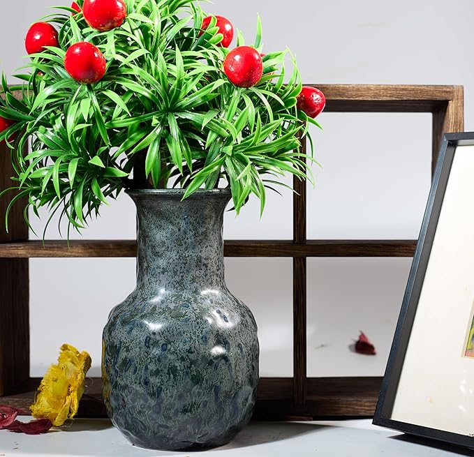 Rustic Pottery Ceramic Vase - Vintage Farmhouse Style Decor, White Grid Ceramic Vases for Home Decor, Modern Farmhouse Decor (Blue and green)