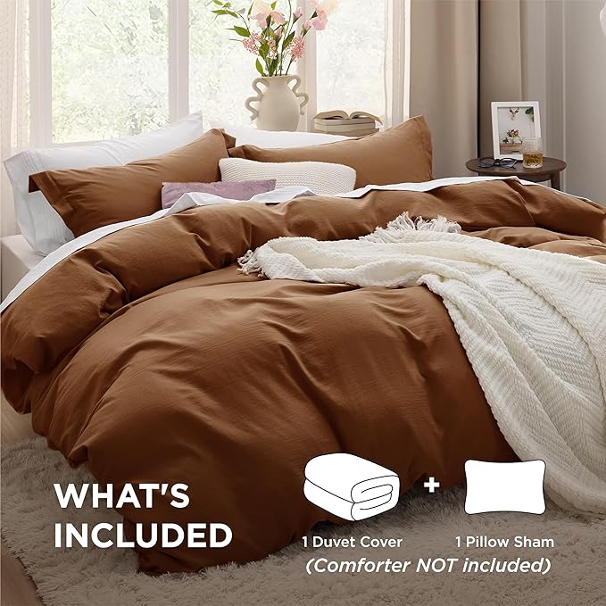 Bedsure Brown Duvet Cover Twin/Twin XL Size - 2 Pieces Prewashed Cotton-Like Extra Soft Bedding Set, Includes 1 Twin Duvet Cover 68x90 Inches with Zipper Closure & 1 Pillow Sham, No Comforter