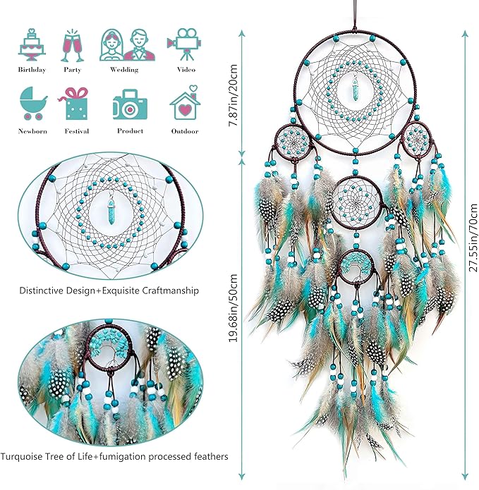 Large Dream Catchers,Boho Handmade Woven Turquoise Dream Catcher Wall Hanging Ornament for Bedroom Living Room Apartment Wedding Party Decor, Festival Blessing Gift (Turquoise)