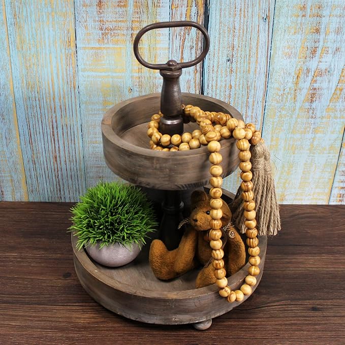 CVHOMEDECO. Wood Grain Beads Garland with Tassels Farmhouse Rustic Wooden Prayer Bead String Wall Hanging Accent for Home Festival Decor. Light Tan