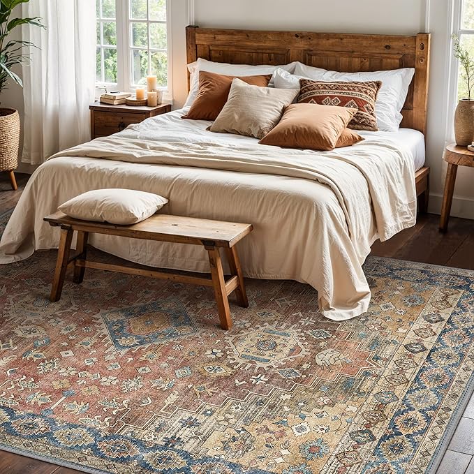 GENIMO 10x12 Area Rugs for Living Room, Machine Washable Non Slip Vintage Rugs, Low Pile Lightweight Chenille Print Rug for Bedroom, Dining Room, Home Office, Antique Red