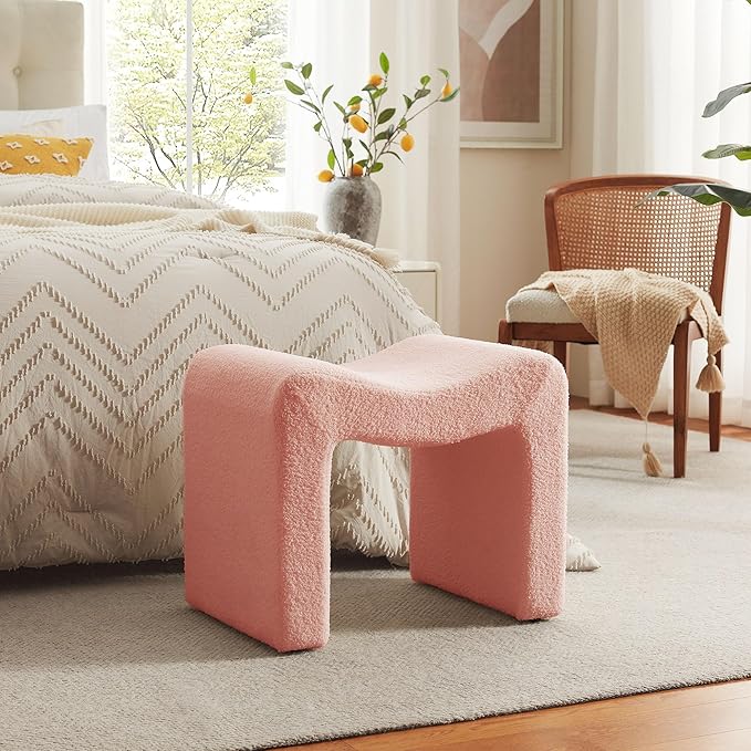 Vanity Stool Foot Rest Small Footstool Ottoman Chair Seating Backless Modern Teddy Velvet Ottoman for Makeup Room Living Room Bedroom Entryway,(Single 1) Pink