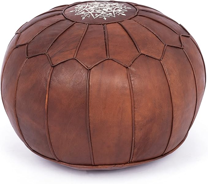 Marrakesh Gallery Genuine Leather Round Pouf Unstuffed - Moroccan Ottoman Footstool, Footrest Cover - Boho Decor - Bohemian Living Room, Bedroom, Kids Room, Gift & Wedding
