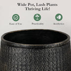 Worth Garden Large Round Planters Set of 2 (14.5"x17.5" & 12" x15“) - Lightweight Magnesium Oxide Cement Plant Pot with Texture - Concrete Look with Drainage Hole – Indoor & Outdoor Use - Black Gold