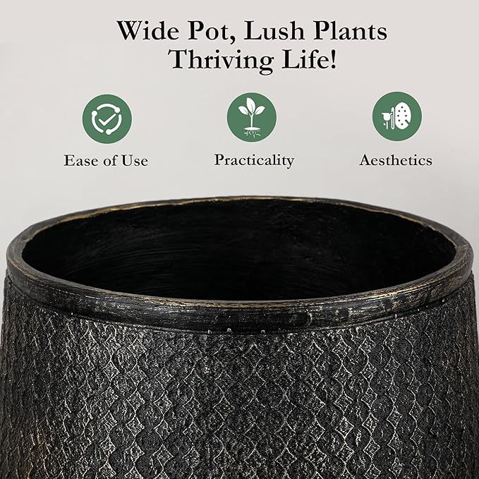 Worth Garden Large Round Planters Set of 2 (14.5"x17.5" & 12" x15“) - Lightweight Magnesium Oxide Cement Plant Pot with Texture - Concrete Look with Drainage Hole – Indoor & Outdoor Use - Black Gold
