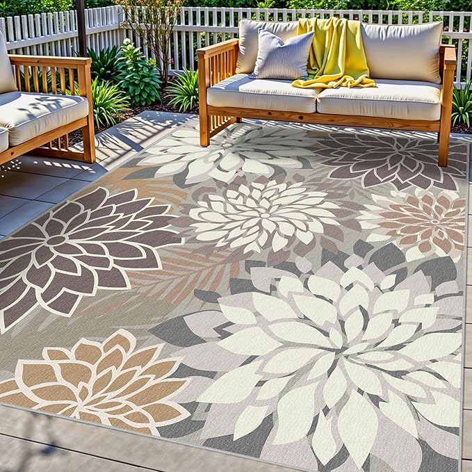 Indoor Outdoor Area Rug Washable Multicolored Patio Rug Tropical Botanical Modern Floral Indoor Outdoor Carpet Brown White Rug Non Slip Non Shedding for Patio, Deck, Backyard, Porch (5x8)