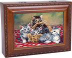 Cottage Garden Cats Grey Brown Kittens in Basket Woodgrain Rope Trim Music Box Plays You are My Sunshine