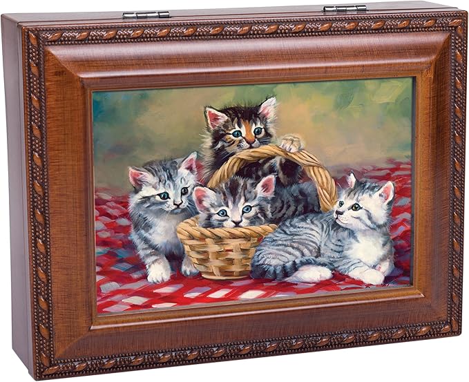 Cottage Garden Cats Grey Brown Kittens in Basket Woodgrain Rope Trim Music Box Plays You are My Sunshine