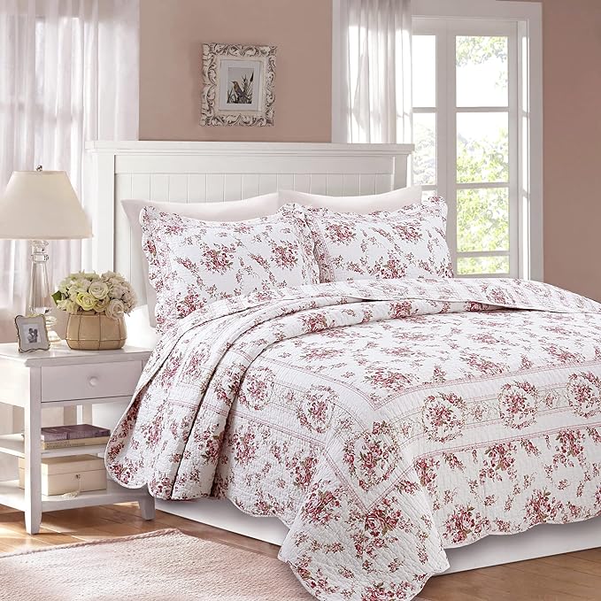 Cozy Line Home Fashions 100% Cotton Quilt Bedding Set, Pink Floral Reversible Coverlet Bedspread (Vintage Rose, King - 3 Piece)
