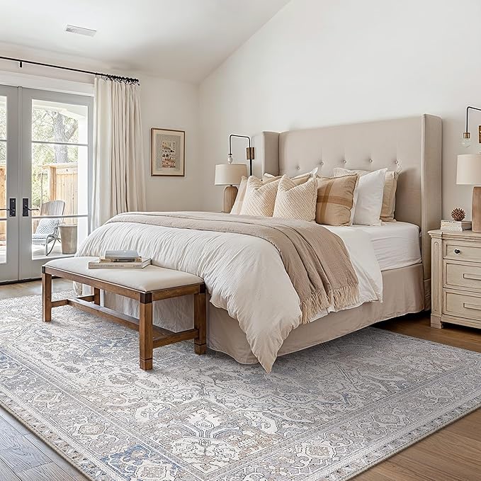 GENIMO 8x10 Area Rugs for Living Room, Machine Washable Non Slip Vintage Retro Rugs, Low Pile Lightweight Thin Print Rug for Bedroom, Dining Room, Home Office, Khaki Blue