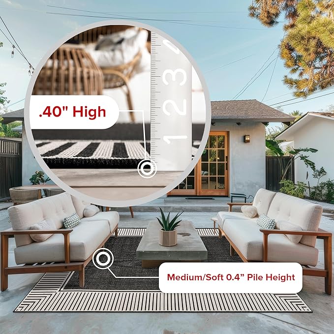 nuLOOM 5' x 8' Outdoor Area Rug, Casual Design With Striped Border, Stain Resistant, Highly Durable, For Patio, Balcony, Bedroom, Living Room, Dining Room, Bathroom, Black