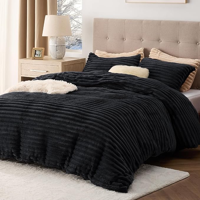 Bedsure Fluffy Duvet Cover Set - Ultra Soft Plush Shaggy Comforter Cover Queen Size, Warm Flannel Fleece Bed Sets for Winter, 3 Pieces (Striped Pattern, Black)