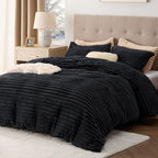 Bedsure Fluffy Duvet Cover Set - Ultra Soft Plush Shaggy Comforter Cover King Size, Warm Flannel Fleece Bed Sets for Winter, 3 Pieces (Striped Pattern, Black)