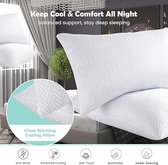 Cooling Pillow for Sleeping, Bed Pillows Queen Size Set of 2, Micro Fiber Filling Pillows 2 Pack, Adjustable to Soft / Firm Pillows for Side Stomach and Back Sleepers with Washable Cover