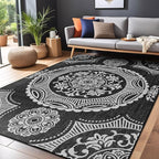 Medallion Outdoor Rug 6x9 Washable Outside Carpet for Indoor Patio Porch Waterproof Easy Cleaning Non Shedding Area Rugs Black 6 x 9