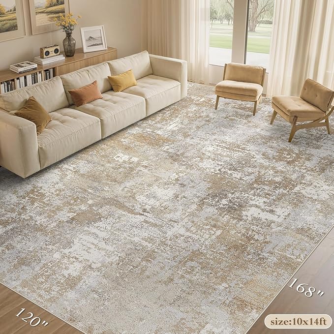 Tortania Washable 10x14 Area Rug for Living Room: Modern Abstract Neutral Large Soft Thin Rugs - Non Slip Indoor Carpet for Bedroom Dining Room Office Nursery Home Floor Decoration - Brown Grey