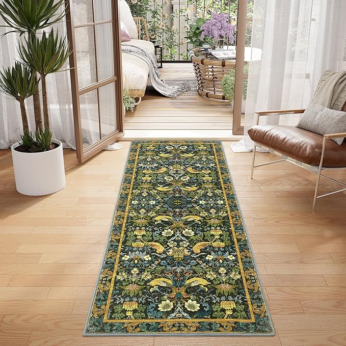 Runner Rug - 2'6"x8' Boho Washable Kitchen Rug, Non-Slip Soft Low Pile Rugs Indoor for Hallway Living Room Bedroom Sunroom, Vintage Stair Carpet Stain Resistance (Dark Green, 2.5x8ft)