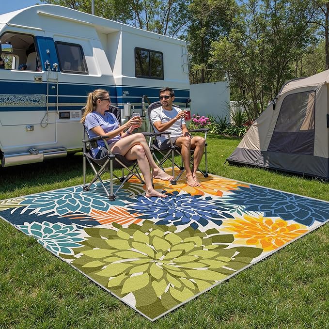 Indoor Outdoor Area Rug Washable Multicolored Patio Rug Tropical Botanical Modern Floral Indoor Outdoor Carpet Non Slip Yellow Green Rug Non Shedding for Patio, Deck, Backyard, Porch (6x9)