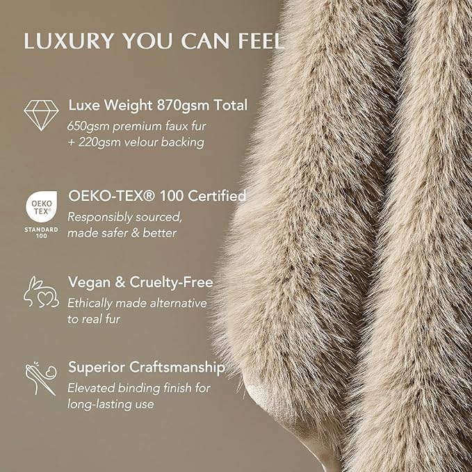 Luxury Faux Fur Throw Blanket, Soft Fluffy Faux Mink Blankets for Bed, Couch, Sofa, Thick Cozy Plush Warm Fur Throws with Reversible Velvet, Natural Mink, 50"x60"