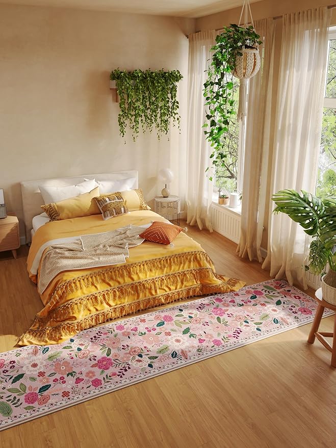 Runners for Hallways Kitchen Runner Rug Non Slip 2'x 10' Long Washable Rugs with Rubber Backing Soft Floral Carpet Runner for Hallways, Kitchen, Laundry, Bedroom, Bathroom(Pink)