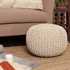 REDEARTH Round Pouf Ottoman - Cable Knitted Boho Poof - Home Décor Cord Pouffe Handmade Circular Footrest for Living Room - Bedroom - Kids Bedroom - 100% Cotton Pouf (18" x 18" x 14") - Ivory
