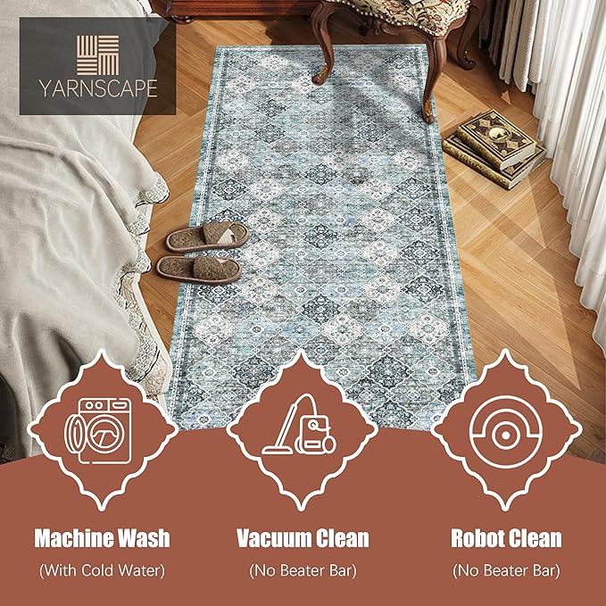 2'6'' x 8' Washable Area Rug - Low Pile Soft Vintage Indoor Rug for Living, Dining or Bedroom - Lightweight Carpet with Non-Slip Backing - Foldable for Easy Placement, Ocean Blue
