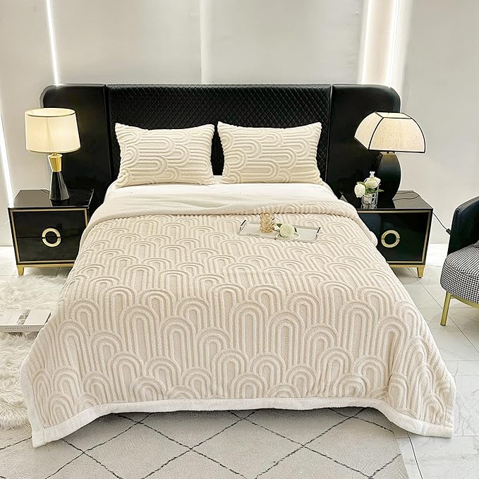 UKELER Sherpa Fleece Blanket 60 × 80 inch, Ultra Soft Twin Size Throw Blanket for All Season, Cozy Plush Arch Blankets for Bed Couch Sofa Office Camping, Off-White