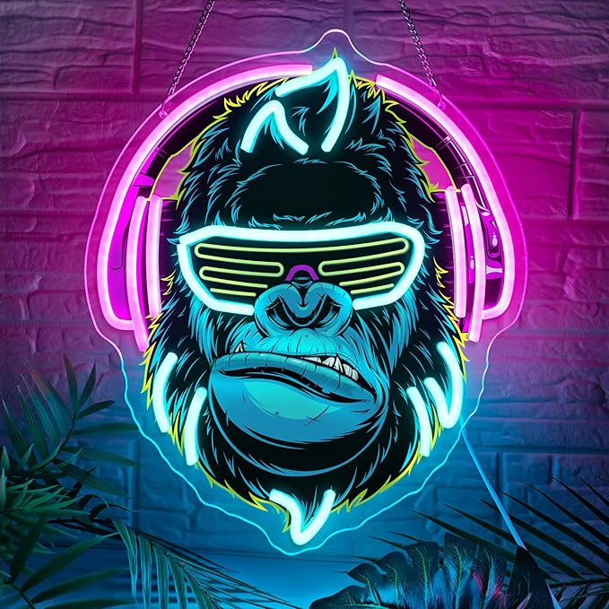 Headphones Gorilla Neon Sign Dimmable Kong Led Neon Light for Wall Decor,Game Room,Man Cave,Home Party Bar Decor,USB Powered Led Sign
