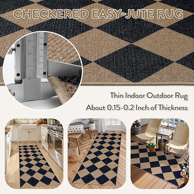 Lahome Checkered Easy Jute Runner Rug, 2x6 Kitchen Mats for Floor Washable Entryway Runner, Checkerboard Black Indoor Outdoor Carpet for Hallway 6ft Entry Laundry