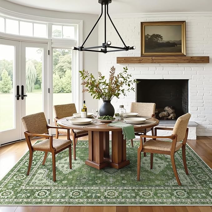 GENIMO Washable Rug 6X9 Area Rugs for Living Room Bedroom, Machine Washable Area Rug, Print Vintage Tribal Aesthetic Carpet, Low Pile Mat with Non Slip Rubber Backing, Distressed Green