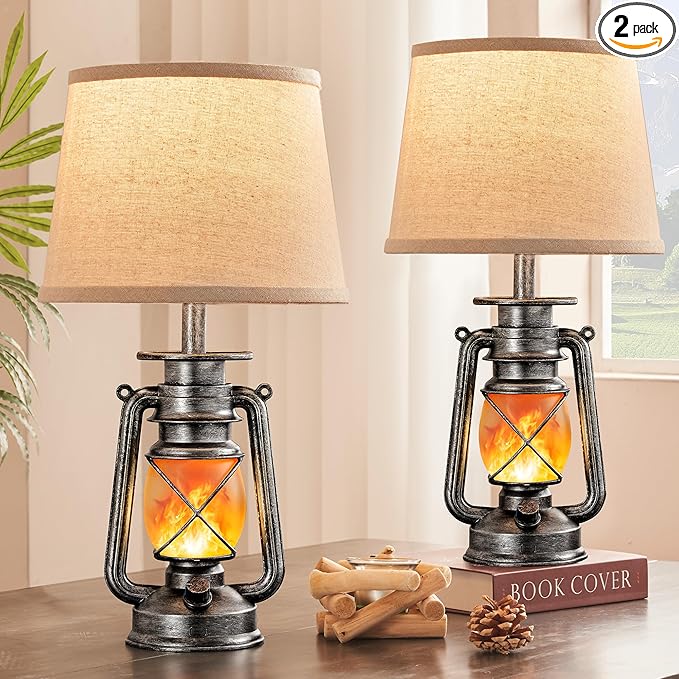 LEDIARY 18.72" Sliver LED Lantern Flickering Flame Table Lamps for Bedrooms Set of 2, Small Farmhouse Rustic End Table Lamps, Halloween Decorative Lantern Bedside Lamps for Living Room