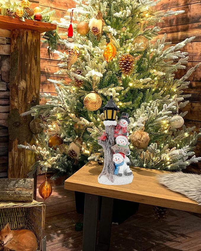 iStatue Lighted Stacked Snowman Tabletop Decor Figurine with Lamppost Lantern - 11.2'' Resin Cardinal Christmas Decorations Indoor - Unique Xmas Gift Idea (Joy Trio)