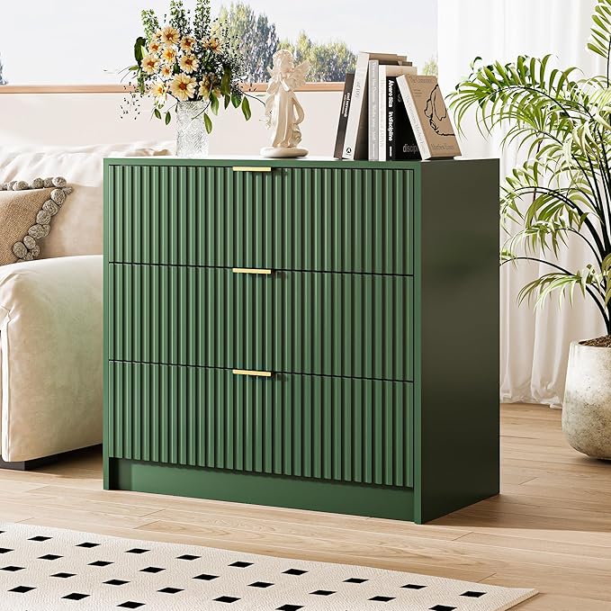 Green Fluted Dresser for Bedroom, 32 Inch Wide Nightstand with Large Drawer, 3 Drawer End Table for Bedroom, Living Rooms, Offices, and Entryways