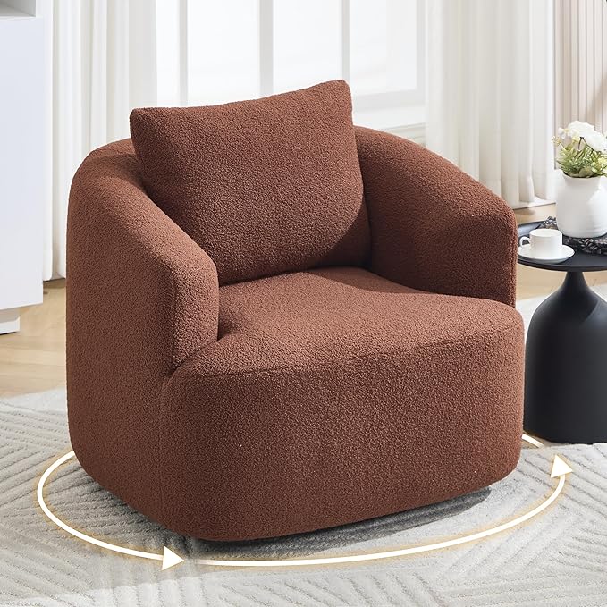 Luxlen Swivel Accent Chair with Pillow for Living Room, Teddy Fleece Upholstered Single Sofa, 360° Rotating Barrel Chair with Metal Base for Bedroom, Office, Apartment - Brown