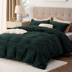 Bedsure Fluffy Duvet Cover Set - Ultra Soft Plush Shaggy Comforter Cover Queen Size, Warm Flannel Fleece Bed Sets for Winter, 3 Pieces (Striped Pattern, Forest Green)
