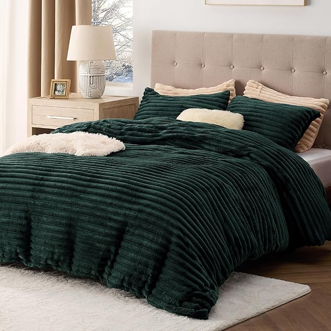 Bedsure Fluffy Duvet Cover Set - Ultra Soft Plush Shaggy Comforter Cover Queen Size, Warm Flannel Fleece Bed Sets for Winter, 3 Pieces (Striped Pattern, Forest Green)