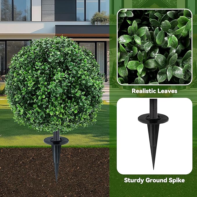 Artificial Boxwood Topiary Ball Trees with Ground Spikes UV Resistant Faux Greenery Shrubs Fake Shrubs for Outdoors, Realistic Faux Plants Bushes for Garden Porch Yard Patio Decor (Green Boxwood)