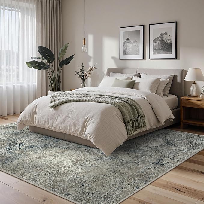 Area Rugs 8x10 for Living Room Bedroom, Modern Abstract Machine Washable Rug, Large Soft Low Pile Floor Carpet with Non Slip Backing for Dining Room, Light Gray Blue