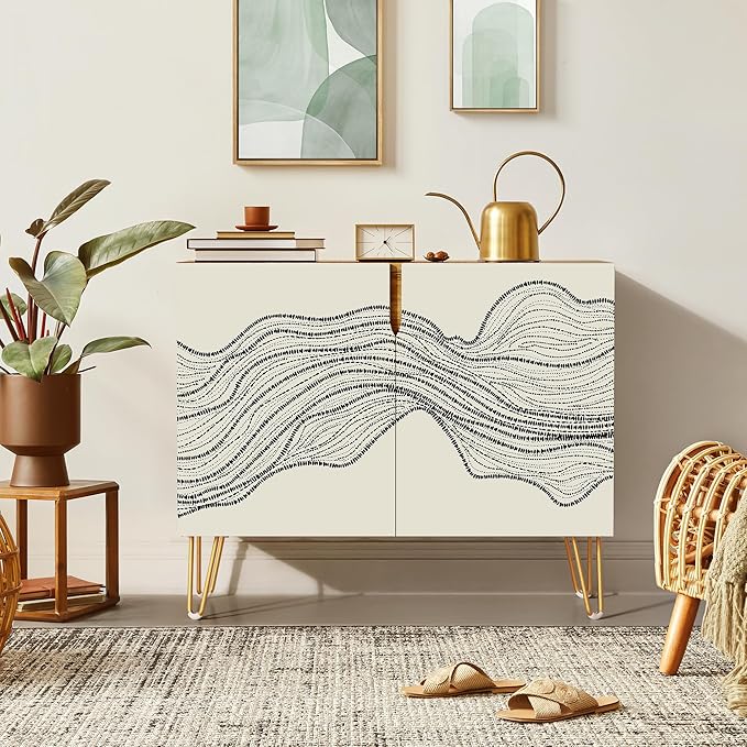 SIGNWIN Sideboard Buffet Cabinet, Kitchen Storage Cabinet with 2 Doors, Duotone Black Geometric Landscape, Cupboard Console Table for Dining Room - 35" L x 18" W x 29" H