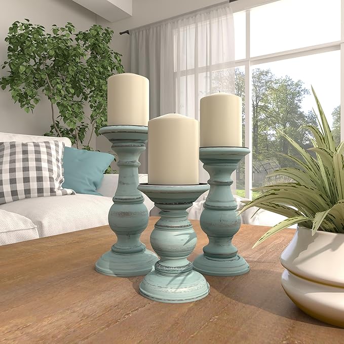 Deco 79 Mango Wood Decorative Candle Holder Distressed Turned Pillar Candle Stand, Set of 3 Candlestick Holder 6", 8", 10"H, Light Blue