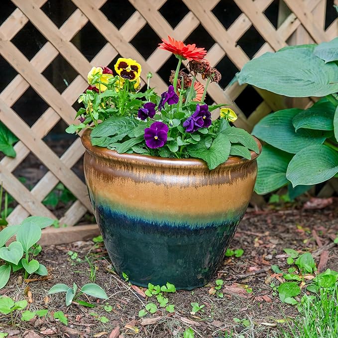 Sunnydaze Chalet Large Ceramic Plant Pot - Round Outdoor Glazed Ceramic Planter Pot with Drainage - Forest Lake Green - 14.5"