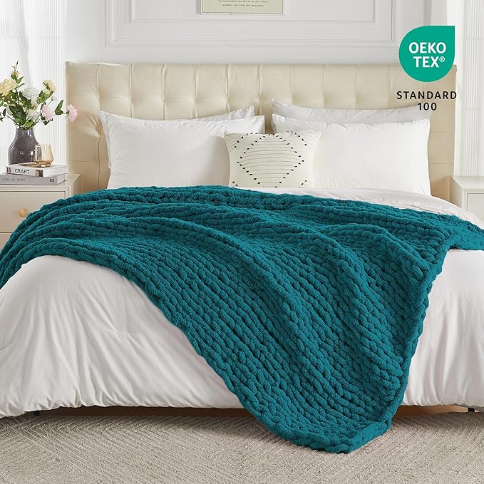 Carriediosa Chunky Knit Throw Blanket 50" X 60", 100% Hand Made Large Chenille Loop Yarn Soft Fluffy Throws for Couch Sofa Bed, Big Crochet Cozy Heavy Thick Cable Woven Blankets, Teal