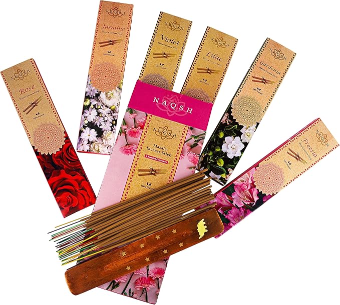 NAQSH Incense Sticks with Wooden Burner Natural Relaxing | Aromatherapy Incense for Air Purifier, Mind & Spirit & Ritualistic Fragrance | Gift Set (Set of 6 Packs - Total 120 Sticks) (Assorted 6)