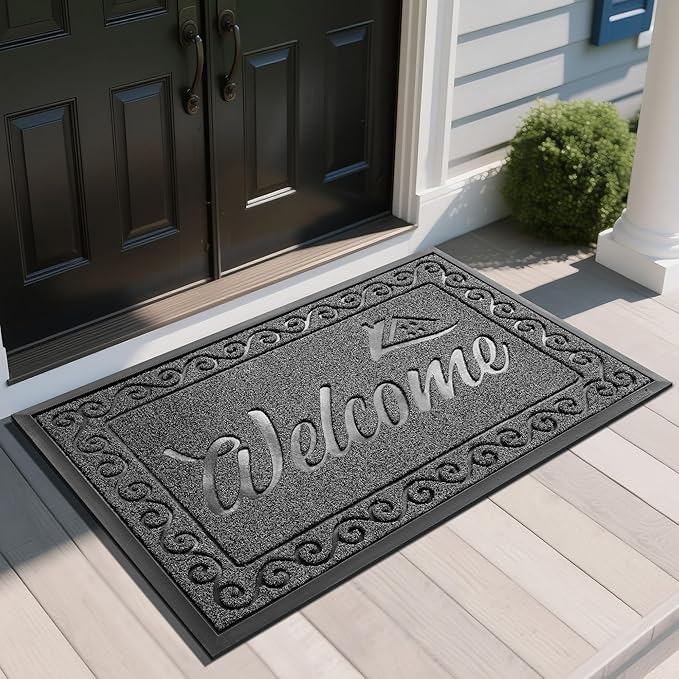 Yimobra Welcome Mat, Heavy Duty Sturdy Door Mats for Home Entrance Outdoor Indoor, Front Doormat for Outside Patio Floor Entry Porch Garage Office, Waterproof, Low Profile, 47X32 Inches, Black Grey