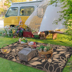 GENIMO Outdoor Rug Waterproof for Patio Decor, 8' x 10' Reversible Plastic Straw Floral Camping Carpet, Large Area Rugs Mats for RV, Camper, Deck, Balcony, Porch, Beach, Picnic, Black & Brown